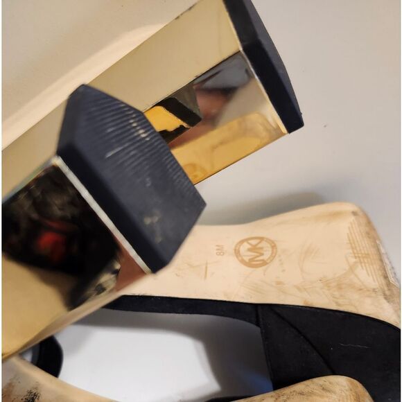 Michael Kors "Petra" Black Suede Gold Metal Heel Platform Sandals Sz.8 Ret.$175 - Picture 10 of 12